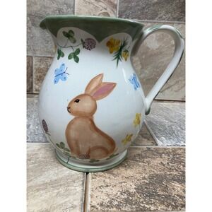 Mesa International Ceramic Bunny Rabbit Floral Pitcher White Green Handcrafted
